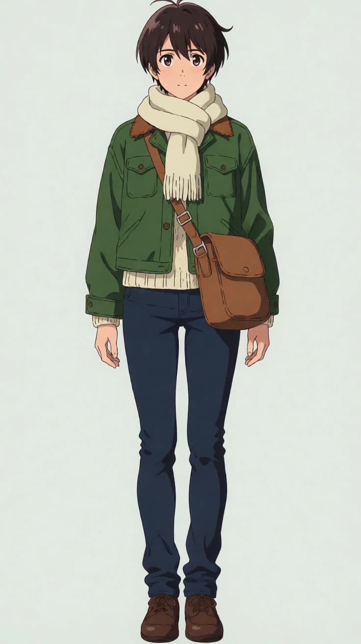 Eigene Anime-Kurierfigur mit grüner Jacke und cremefarbenem Schal