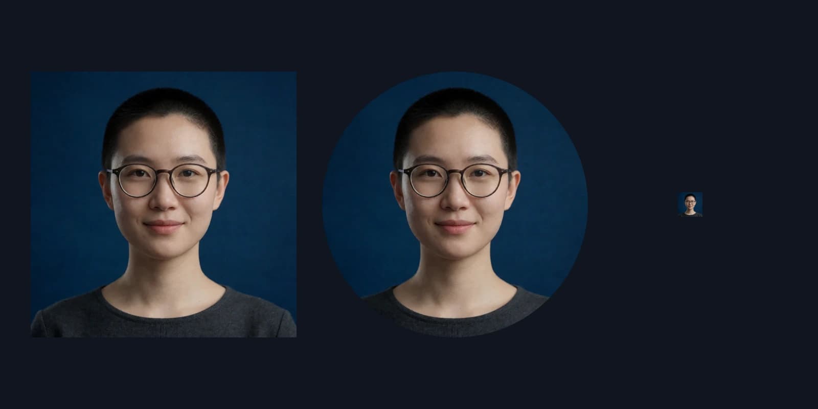 The same avatar shown as a square, circle, and small preview