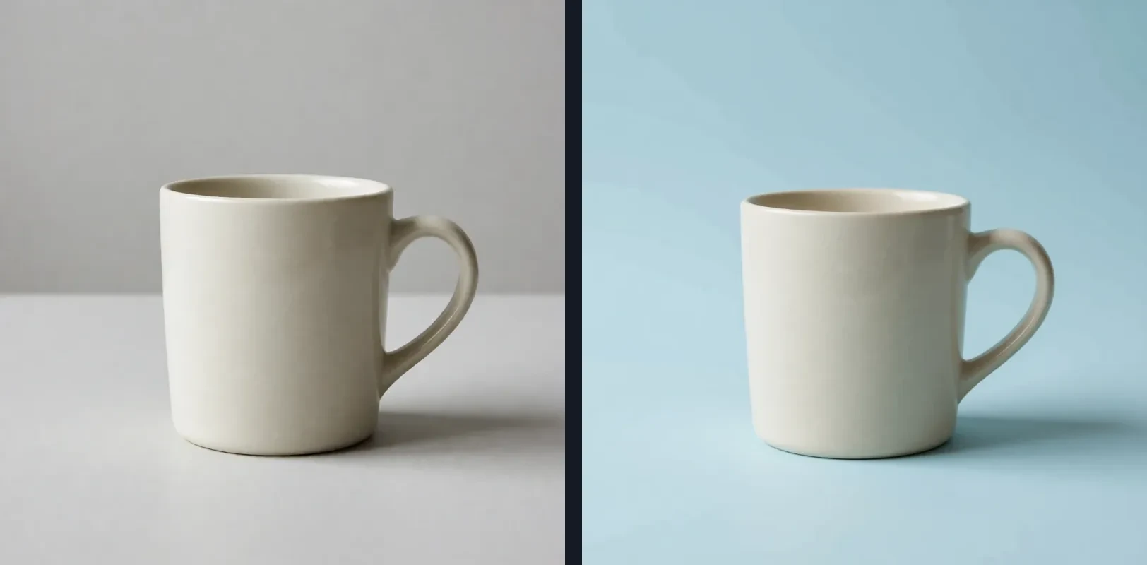 The original mug on a gray background at left and the edited image on pale blue at right