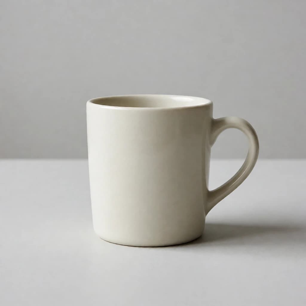 An ivory ceramic mug centered on a light grey tabletop